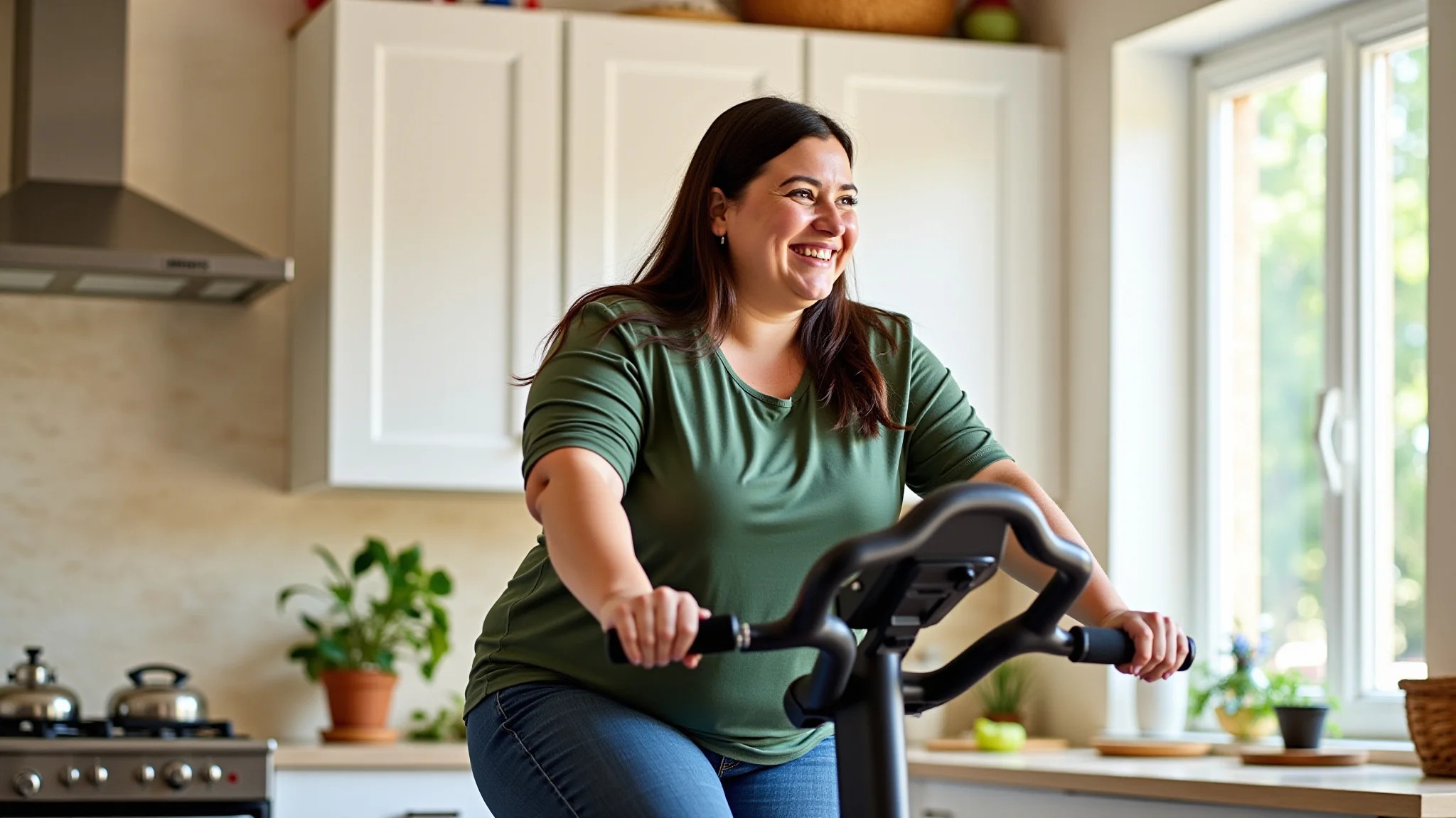 Mulher plus size feliz pedalando bicicleta ergométrica em casa.