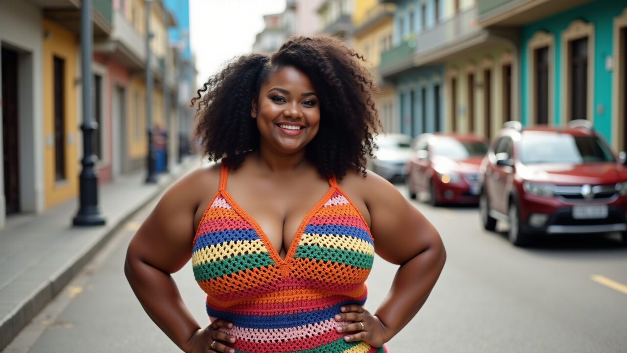 Plus size woman in a colorful crochet dress, confident, in a Rio de Janeiro street, natural Vestido de crochê plus size valorizando as curvas.