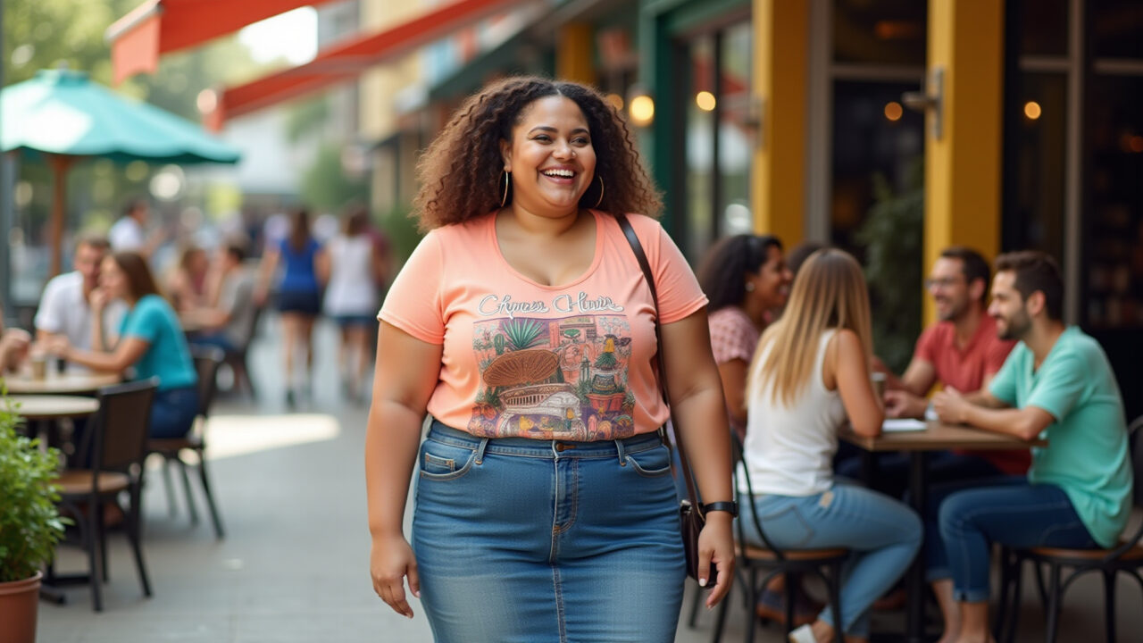 Saia jeans e camiseta estampada plus size: casual.