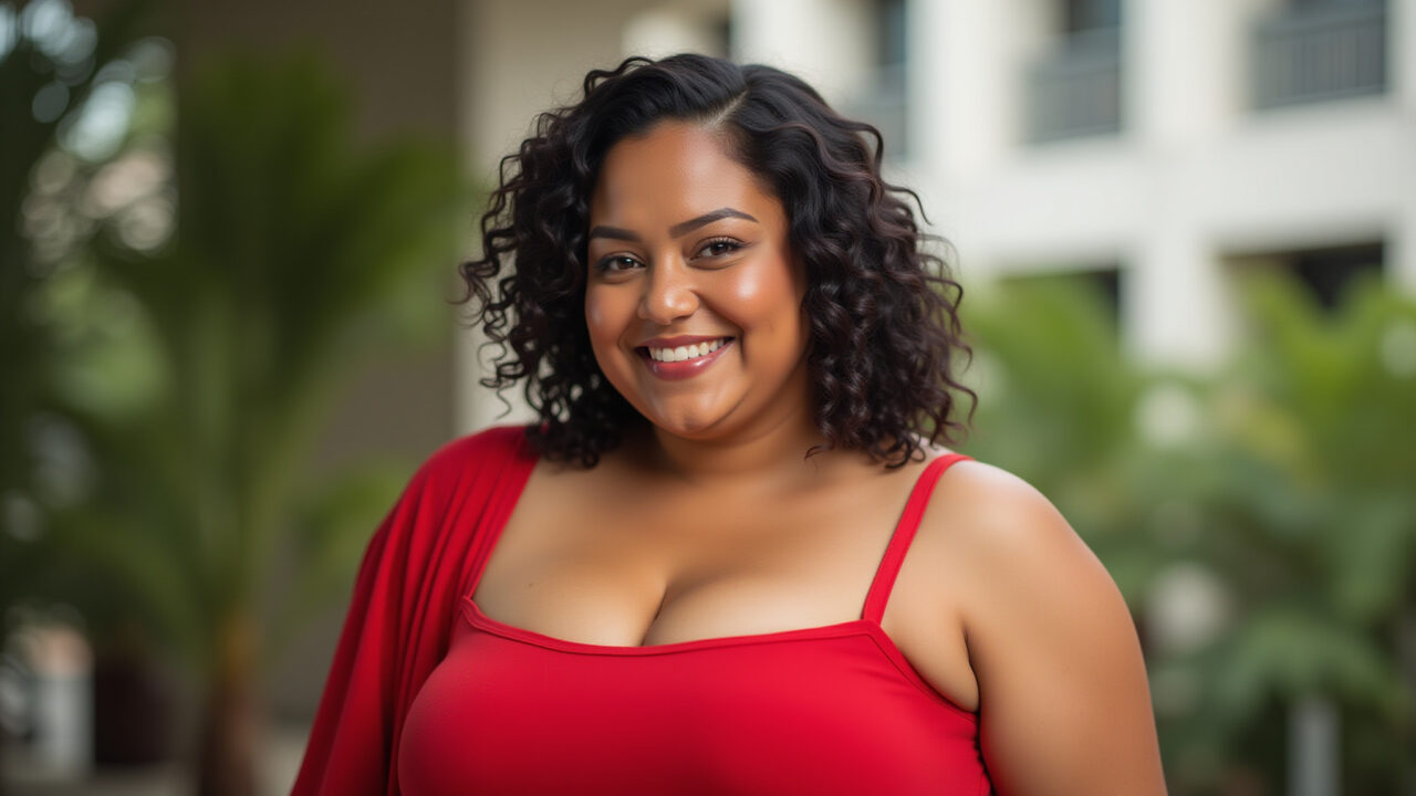 Mulher plus size em vestido vermelho favorecedor para formatura.