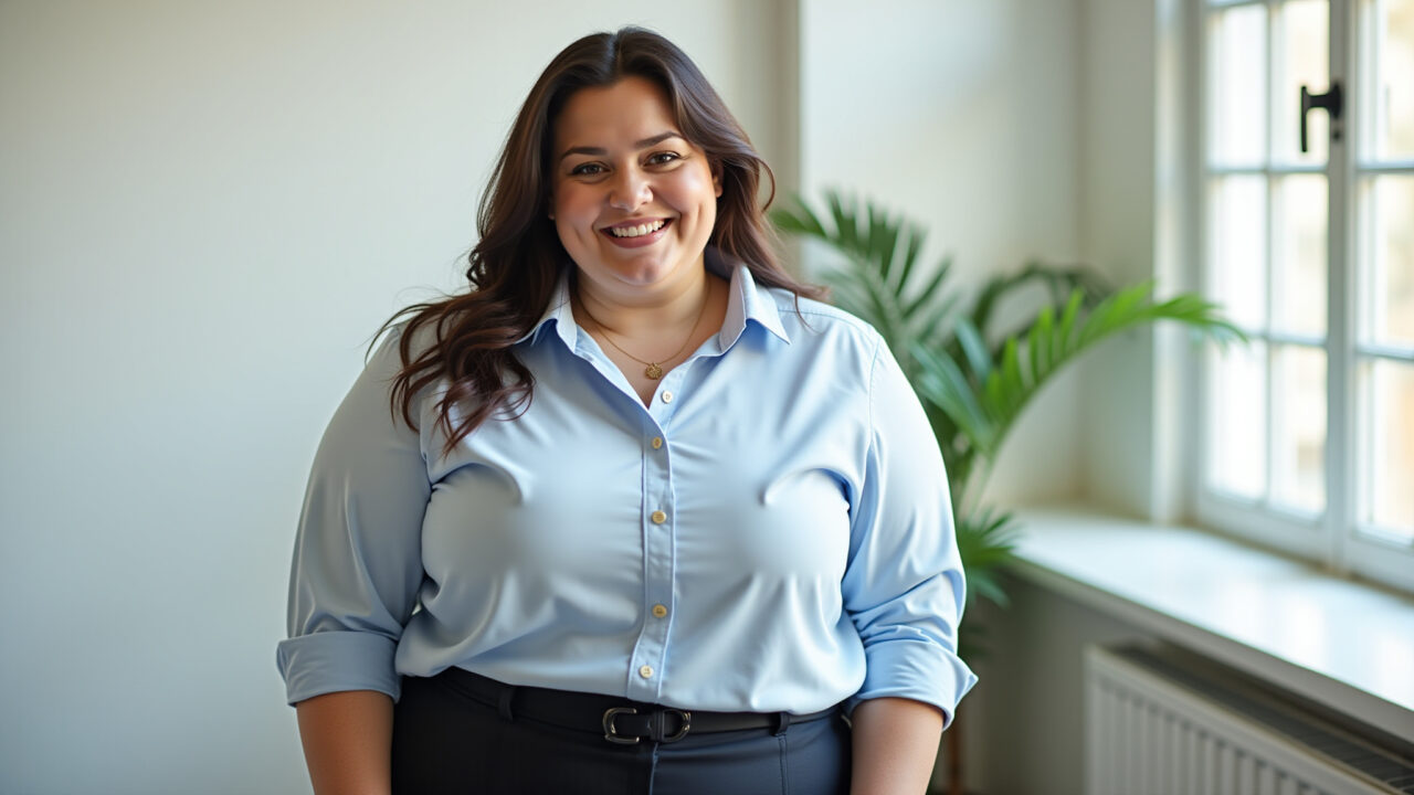 Saia lápis e camisa de botão plus size: look formal.