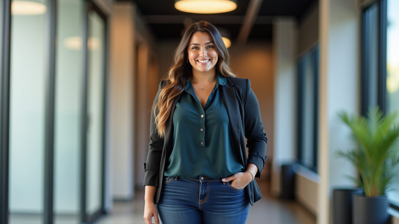 Look plus size casual chic: jeans, blusa fluida e blazer.