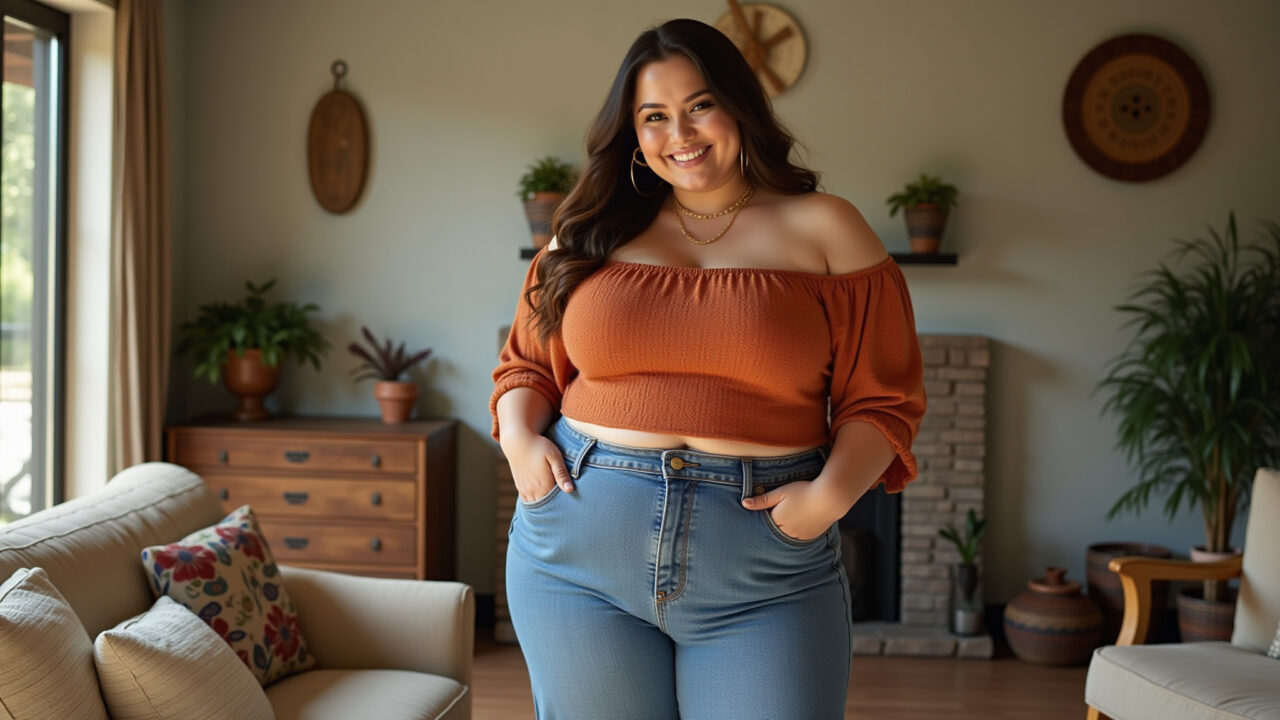 Jeans flare e blusa ciganinha plus size: boho.