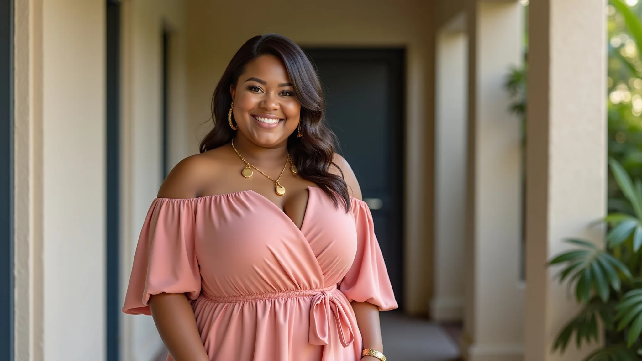 Mulher plus size com vestido rose e acessórios em ouro rosé.