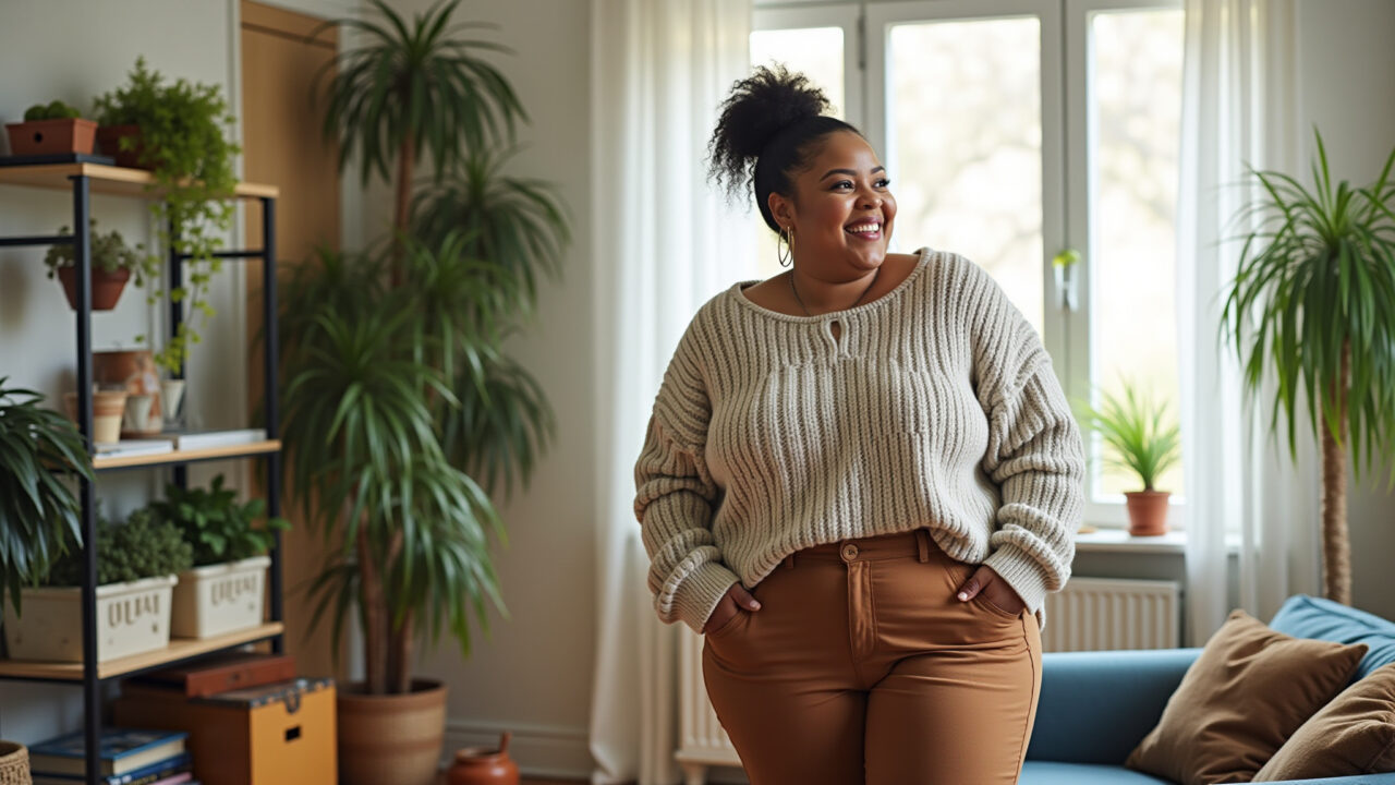 Calça de alfaiataria e tricot plus size: conforto.