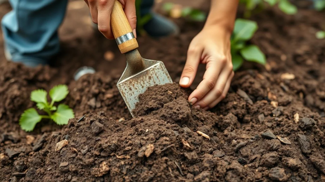 Preparing soil for pitaya planting in a Brazilian backyard garden, hands using a trowel, adding Preparando solo com composto para plantar pitaya em quintal brasileiro.