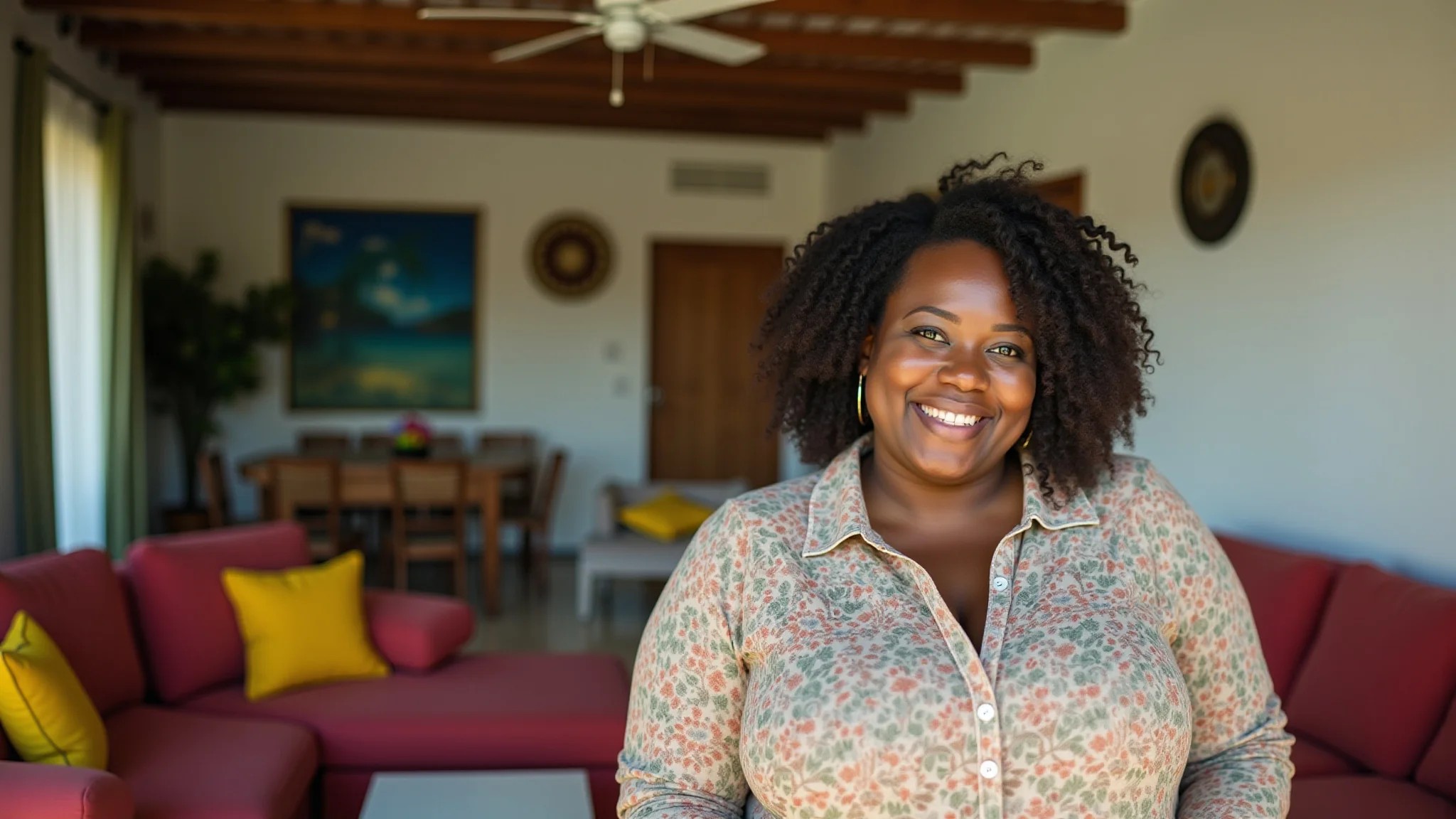 Mulher brasileira plus size sorrindo em uma sala de estar colorida e bem decorada.