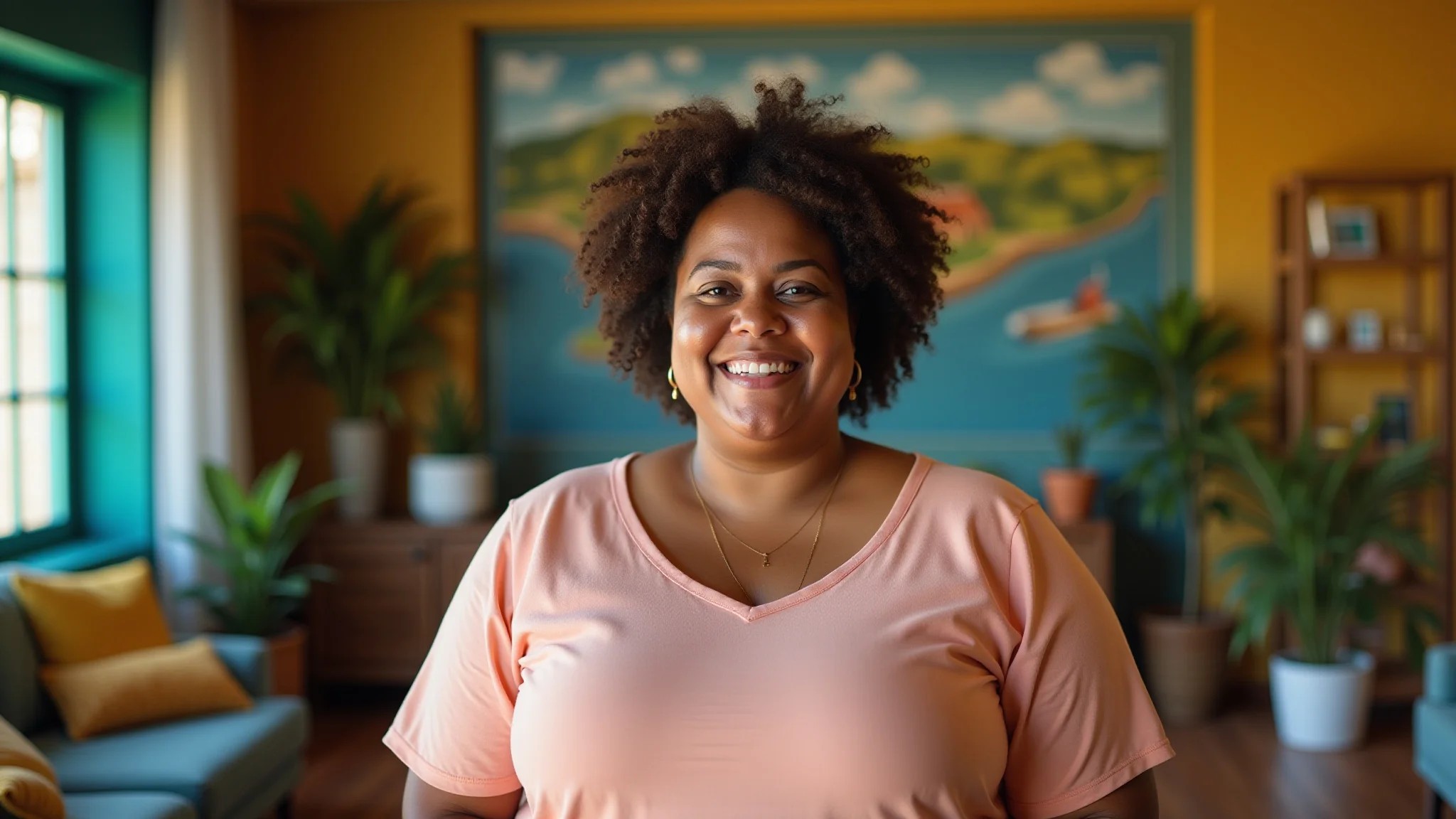 Mulher brasileira plus size sorrindo em uma sala de estar colorida e bem decorada.