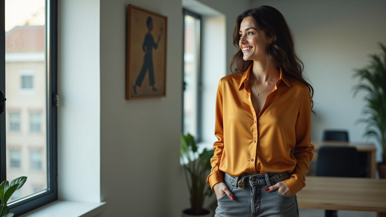 Mulher elegante com calça slouchy e camisa de seda no escritório.
