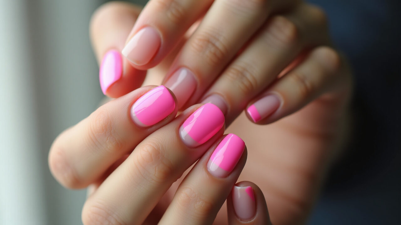 Francesinha repaginada com pontas rosa neon em unhas de gel.