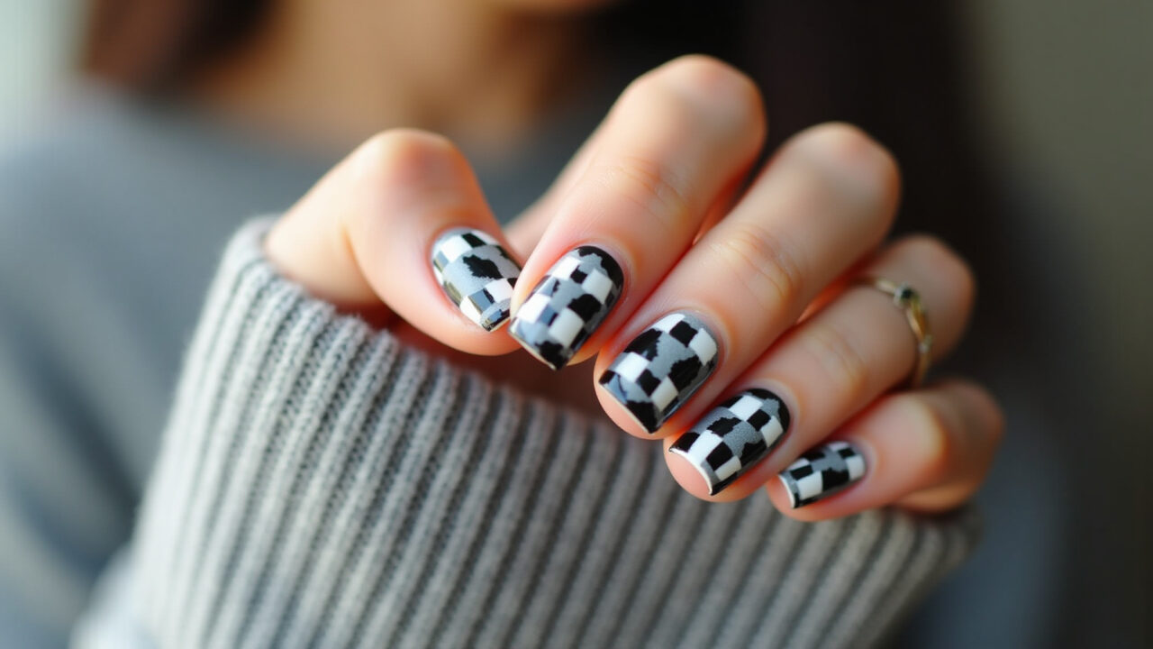 Unhas geométricas em gel com design em preto e branco.