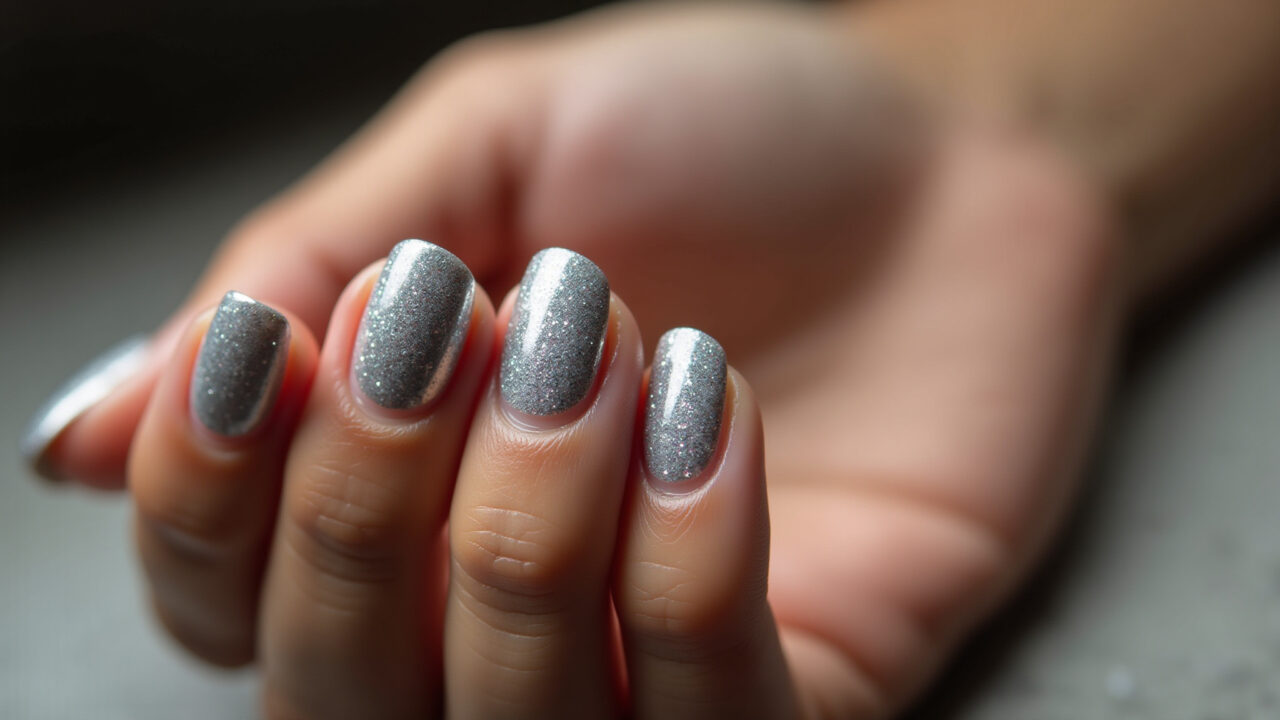 Unhas em gel com glitter prata, brilho para todas as ocasiões.