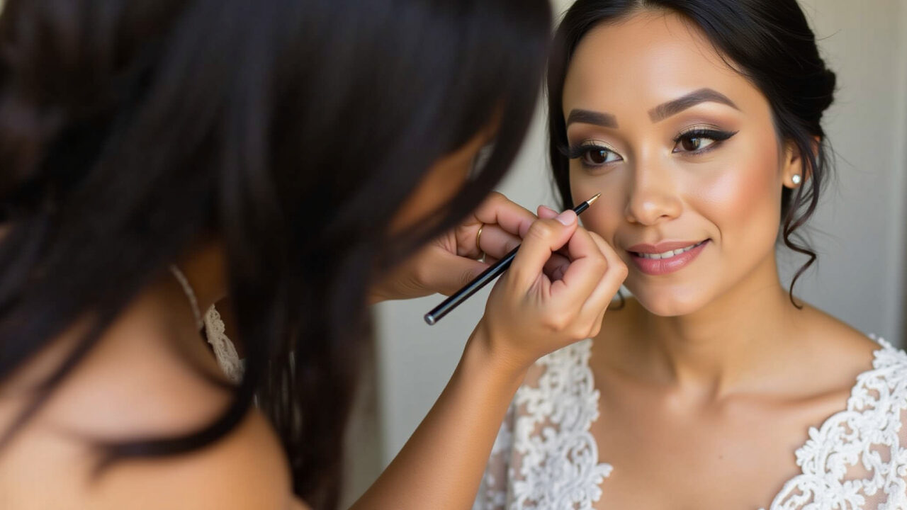 Professional photography, 8K: Brazilian bride applying neutral eyeshadow, soft lighting, focus on Noiva brasileira aplicando sombra neutra para maquiagem de casamento simples.