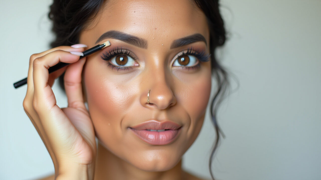 Professional photography, 8K: Brazilian woman defining eyebrows, soft focus, natural makeup, simple Mulher brasileira definindo as sobrancelhas para maquiagem de casamento simples.