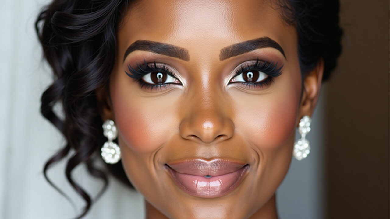 Professional photography, 8K: Close-up of mature bride's face (60s, Black) with filled-in eyebrows. Sobrancelhas preenchidas e bem definidas em noiva madura.