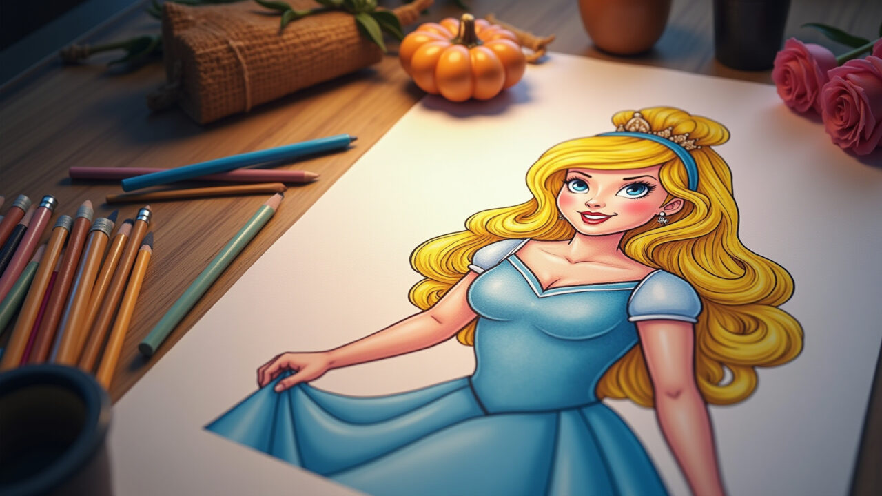 Desenho de princesa para colorir, com detalhes delicados.