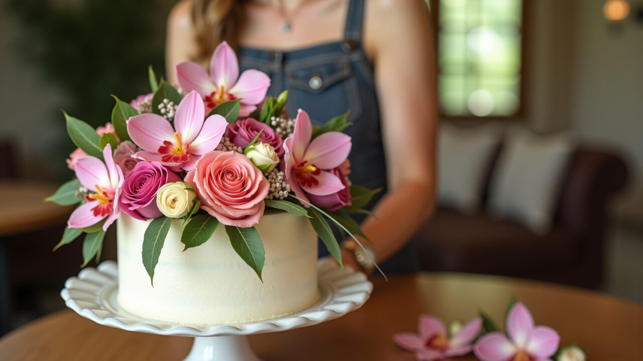 Bolo feminino decorado com flores naturais.