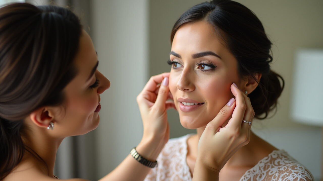 Professional photography, 8K, hyper-realistic of a bride applying light foundation, natural Noiva aplicando base leve com ajuda de maquiador.