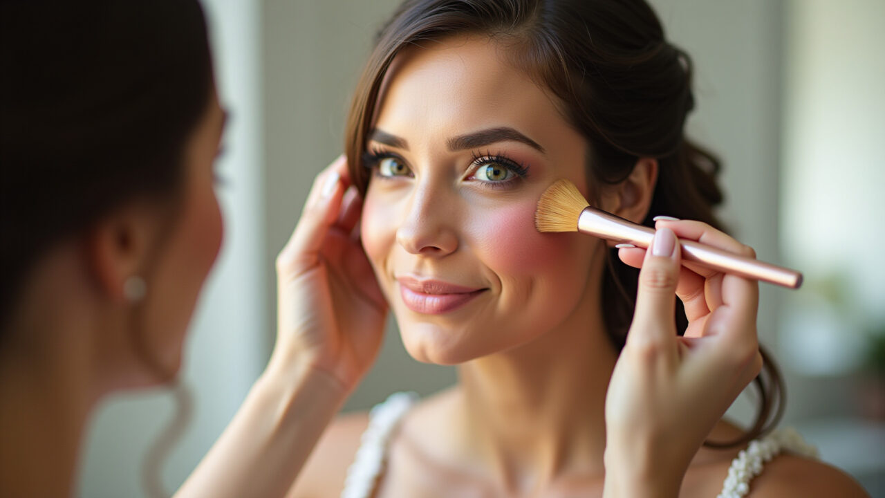 Professional photography, 8K, hyper-realistic of a bride applying creamy blush, natural lighting, Noiva aplicando blush cremoso para um ar saudável.