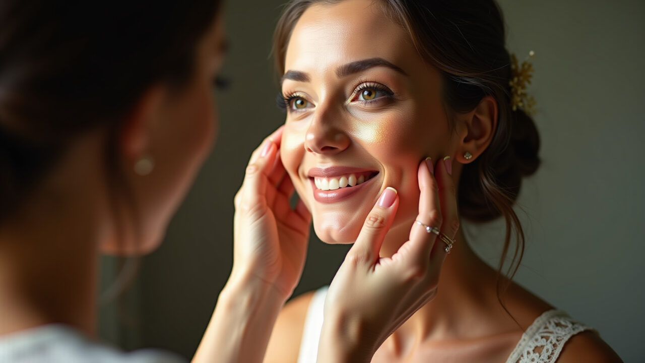 Professional photography, 8K, hyper-realistic of a bride applying highlighter, natural lighting, Noiva aplicando iluminador para uma pele radiante.