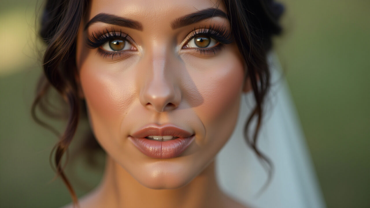 Professional photography, 8K, hyper-realistic of a bride with neutral eyeshadow, natural lighting, Noiva com sombra neutra para valorizar o olhar.