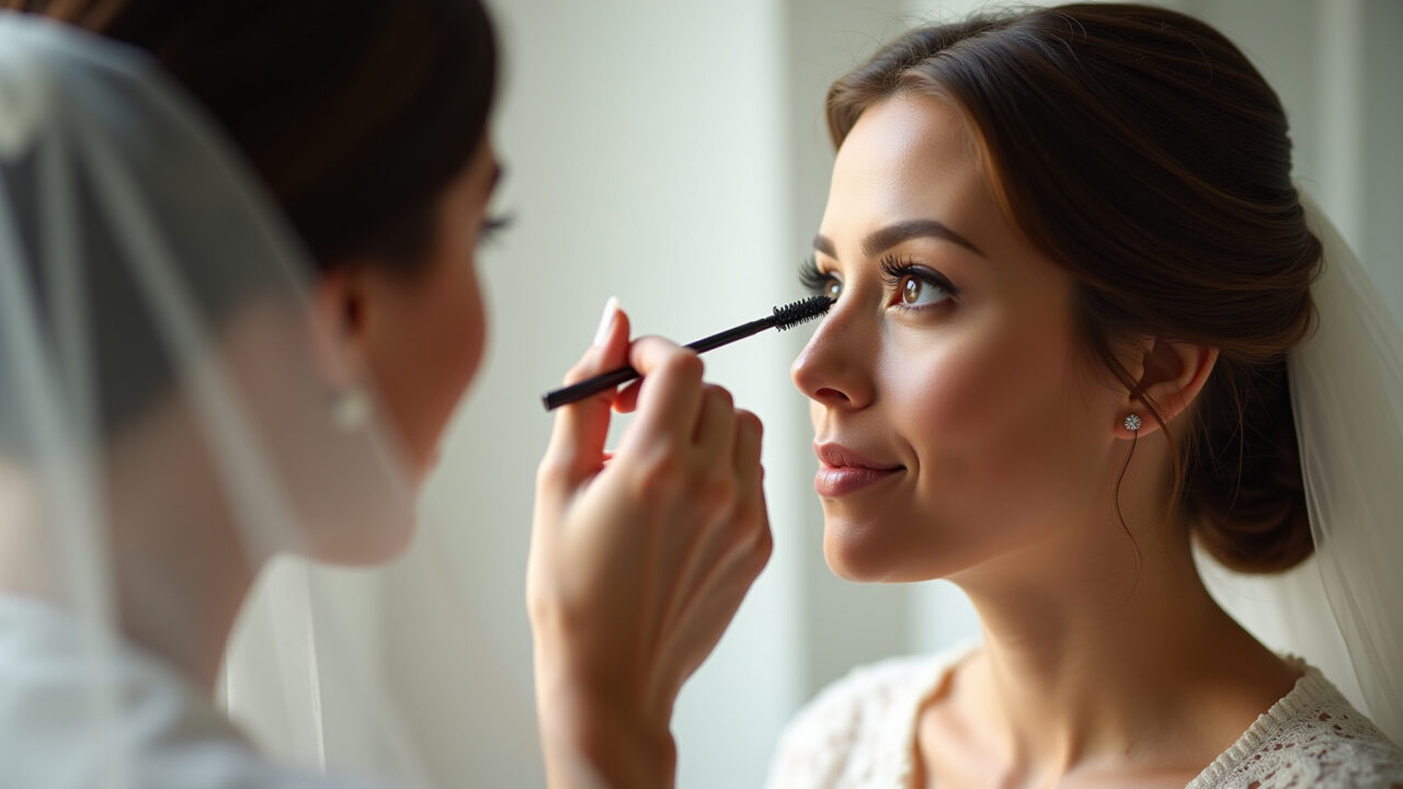 Professional photography, 8K, hyper-realistic of a bride applying mascara, natural lighting, soft Noiva aplicando máscara de cílios para um olhar marcante.