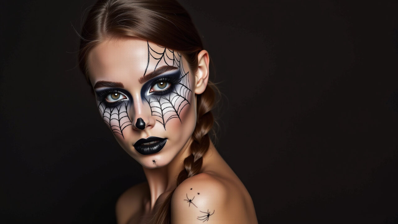Maquiagem de aranha com teia no rosto e olhos esfumados.