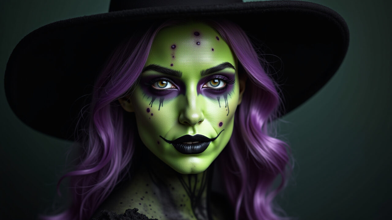 Maquiagem de bruxa com tons de verde e roxo.