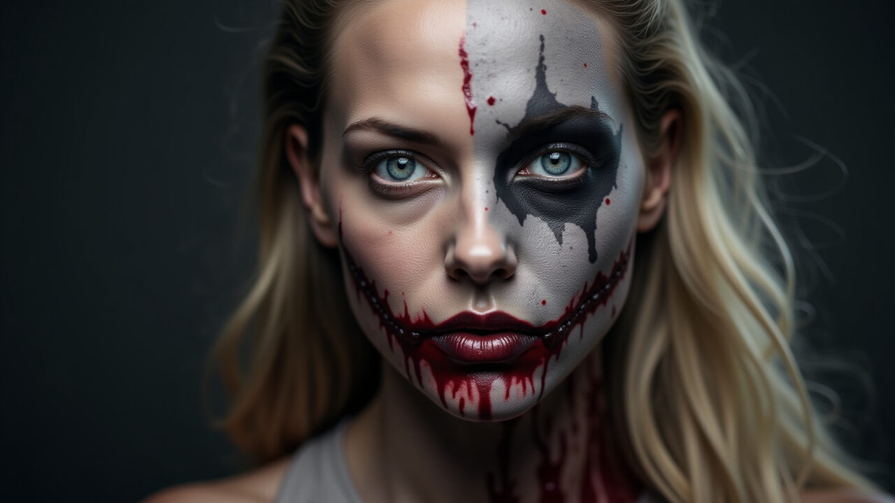 Maquiagem de zumbi com pele cinzenta e olhos fundos.