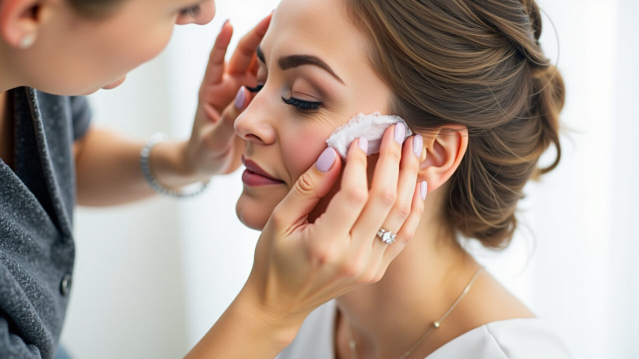 Professional photography, 8K: Makeup artist applying hydrating primer to mature bride's face (40s, Maquiador aplicando primer hidratante no rosto de noiva madura.