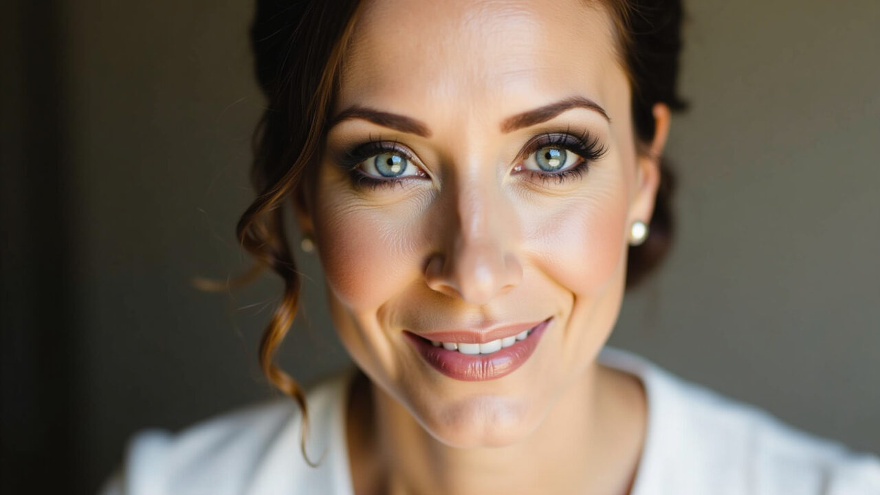 Professional photography, 8K: Mature bride (40s, mixed ethnicity) with light, neutral eyeshadow. Sombras claras e esfumadas em noiva madura.