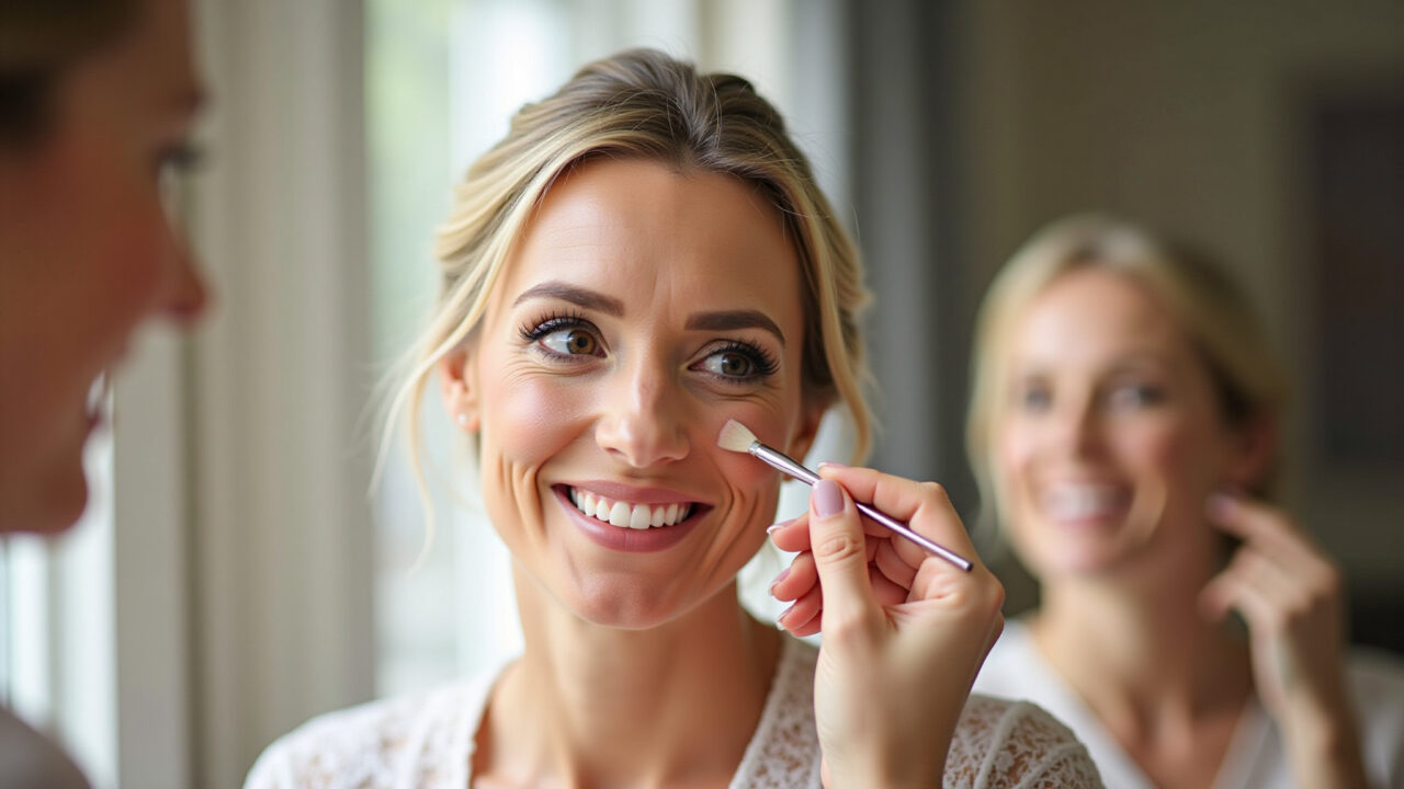 Professional photography, 8K: Mature bride (40s, white skin) applying peach blush to her cheeks. Noiva madura aplicando blush pêssego nas maçãs do rosto.