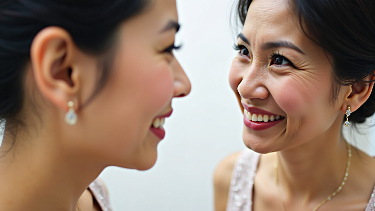 Professional photography, 8K: Mature bride (50s, Asian) applying highlighter to temples. Natural Noiva madura aplicando iluminador nas têmporas.