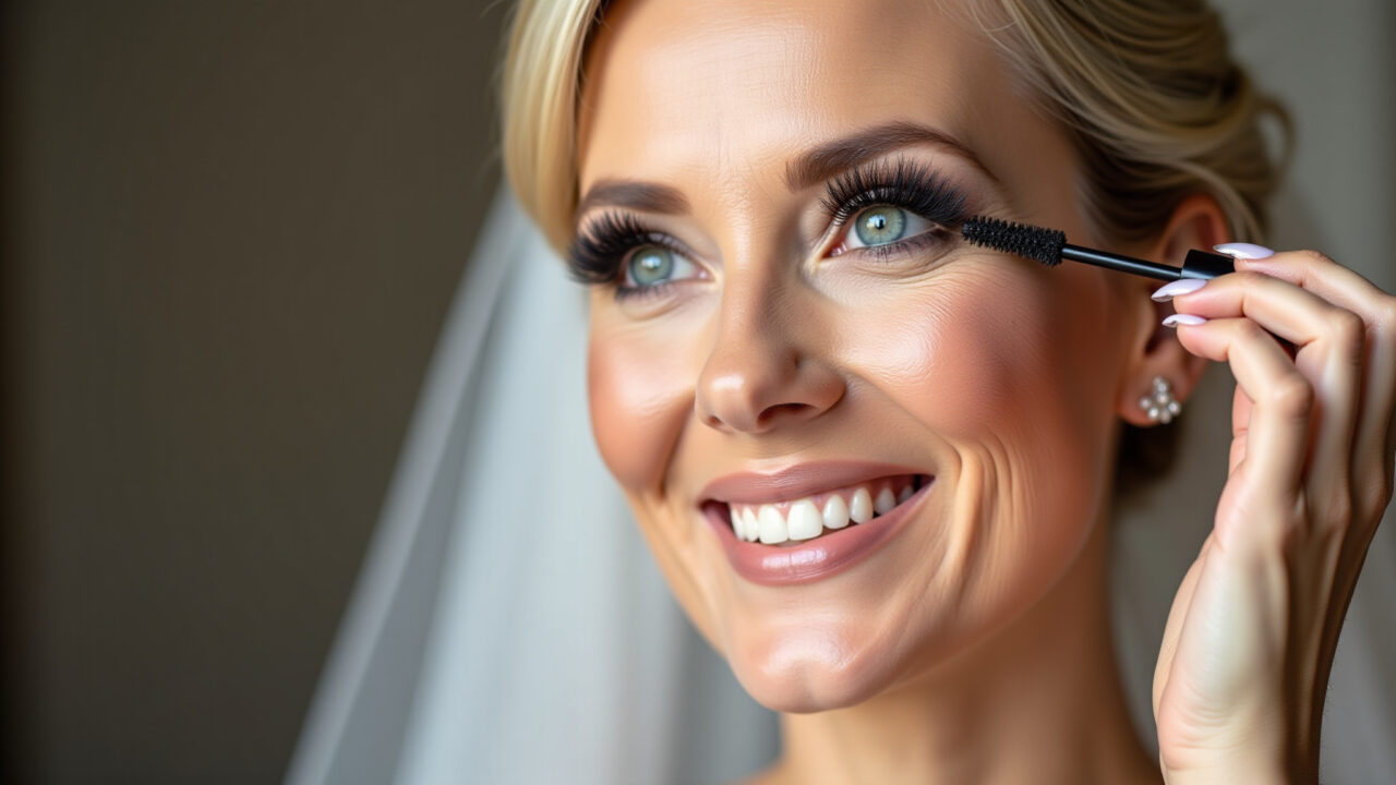 Professional photography, 8K: Mature bride (50s, white skin) with volumizing mascara. Focus on Máscara de cílios para volume e alongamento em noiva madura.