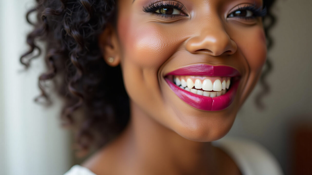 Professional photography, 8K: Mature bride (60s, Black) with vibrant lipstick. Focus on lips, Batom vibrante e hidratante em noiva madura.