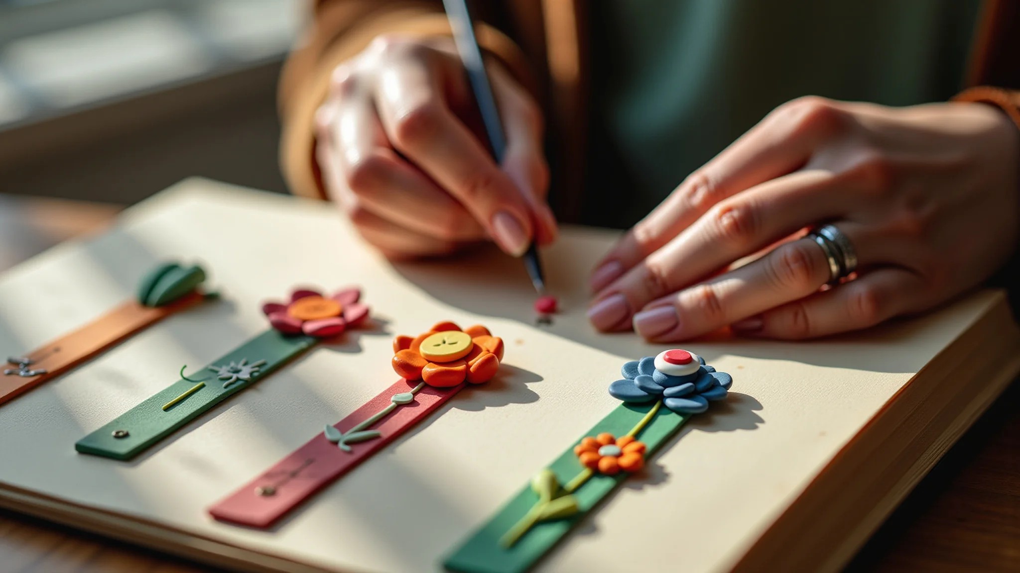 Mãos femininas criando marcadores de página artesanais de cerâmica fria com designs únicos.
