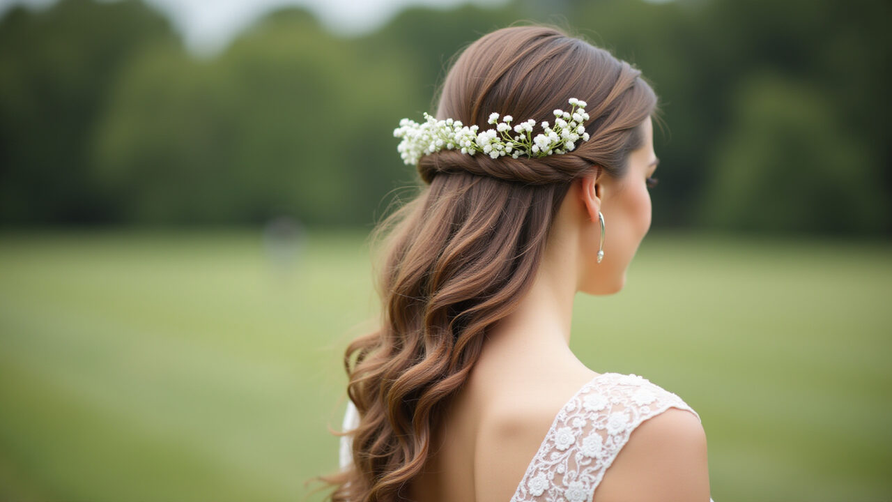 Professional photography, 8K, sharp focus: bride with half-up hairstyle featuring a delicate side Noiva com penteado semi preso, trança lateral e flores naturais.