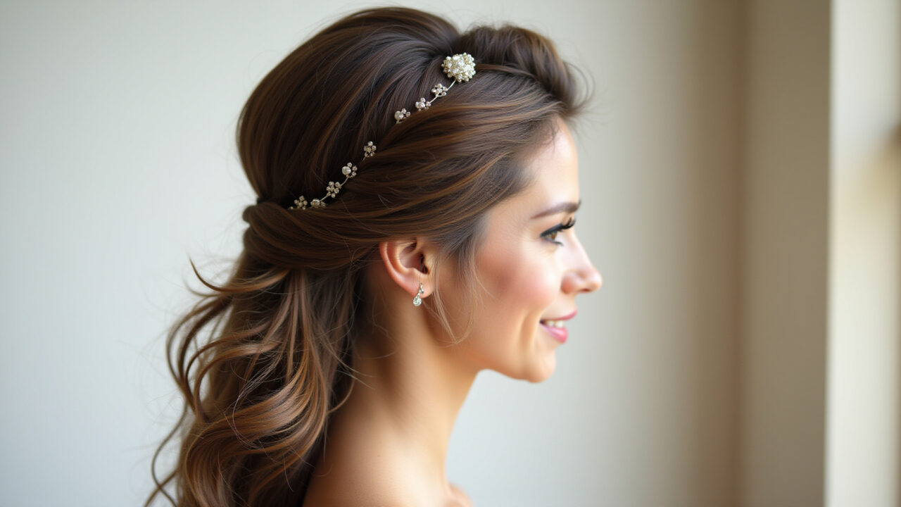Professional photography, 8K: textured ponytail half-updo, volume at the crown, loose strands Rabo de cavalo texturizado semi preso com acessório.
