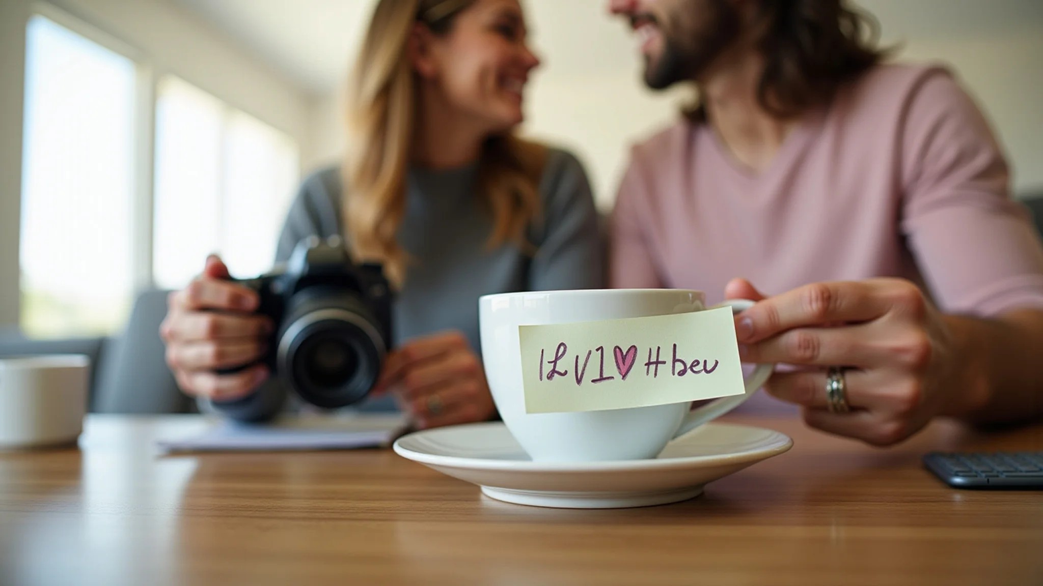 Recado carinhoso preso a uma caneca de café, casal brasileiro.