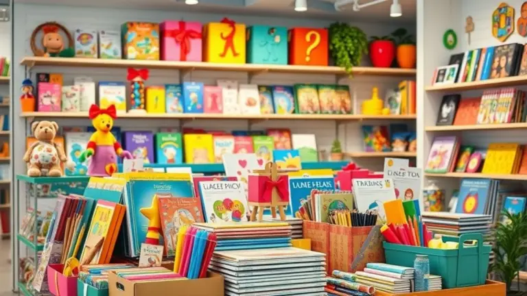 Ideias criativas de presentes para o Dia das Crianças: brinquedos, livros e materiais de arte.