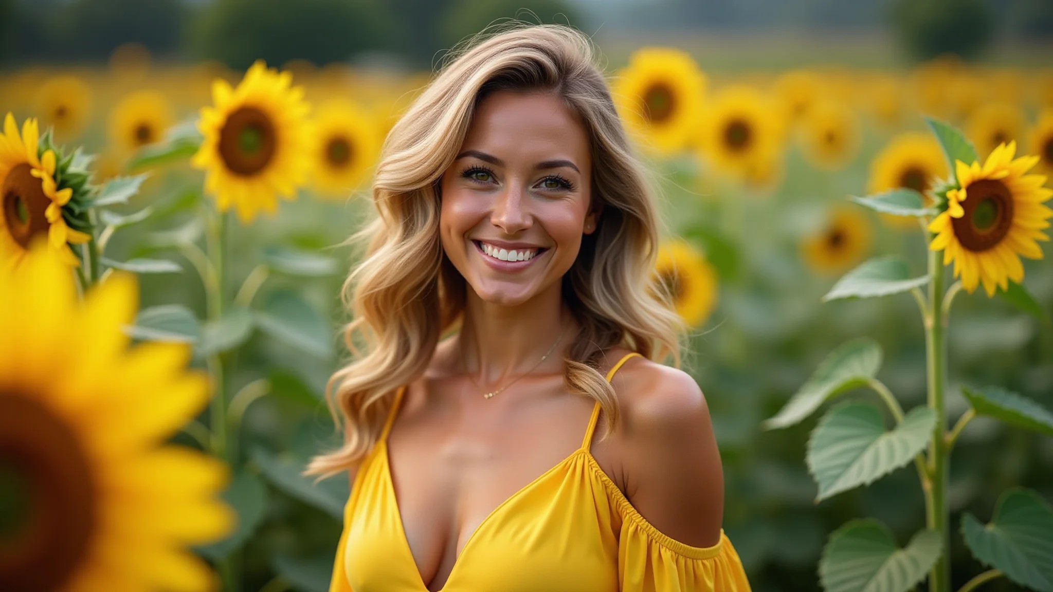 Mulher sorrindo em um campo de girassóis, vestindo um vestido amarelo, irradiando alegria e otimismo.