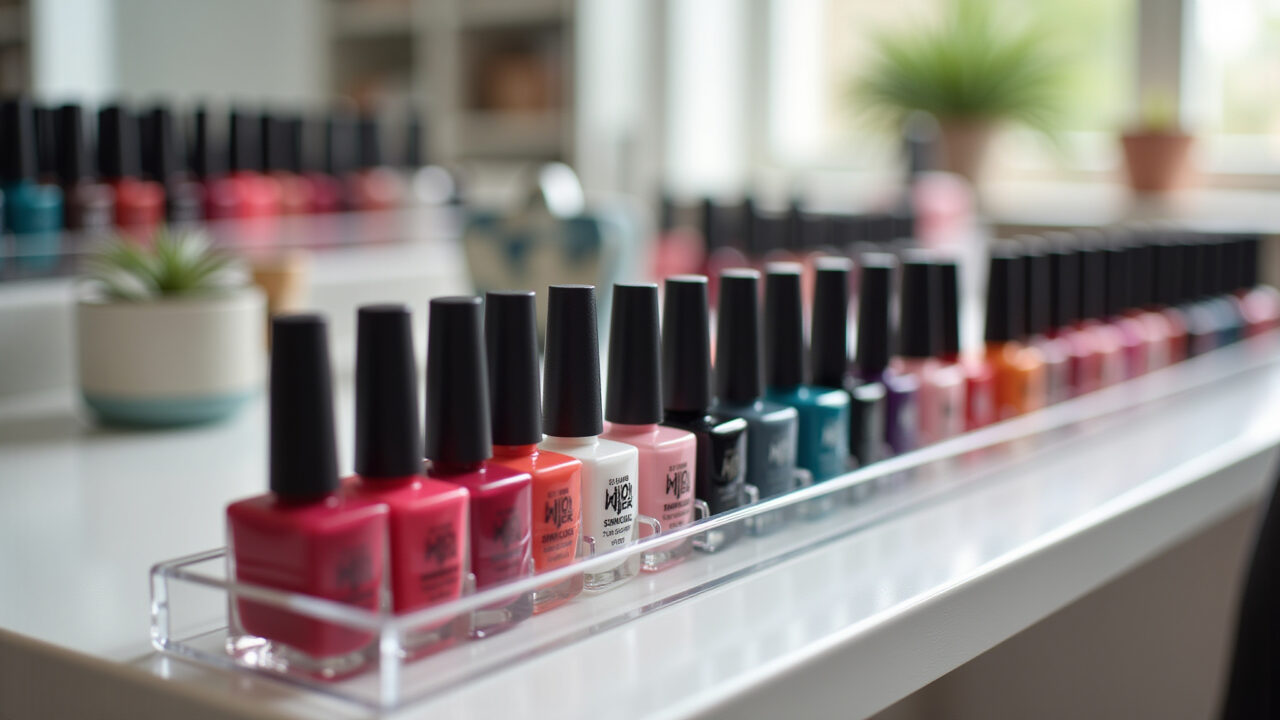 Professional photography, acrylic nail polish organizer on a salon table, colorful polishes, Organizador de acrílico com esmaltes coloridos.