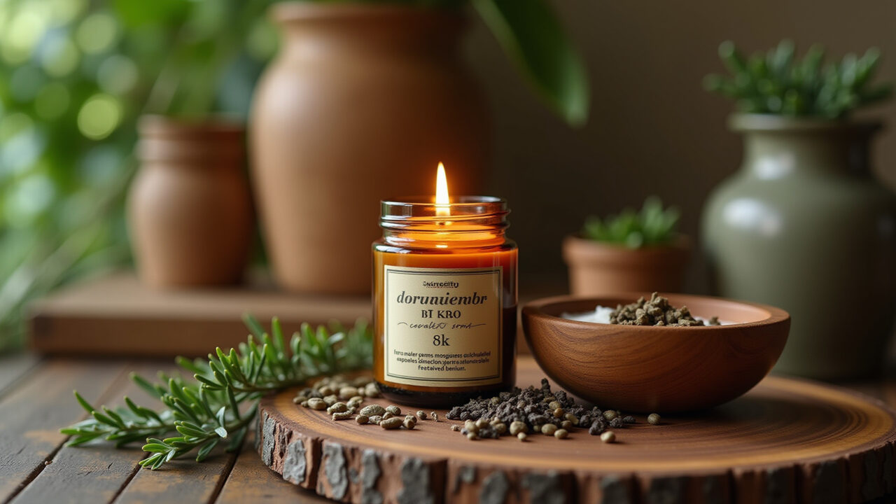 Vela com ervas aromáticas secas para afastar mosquitos.
