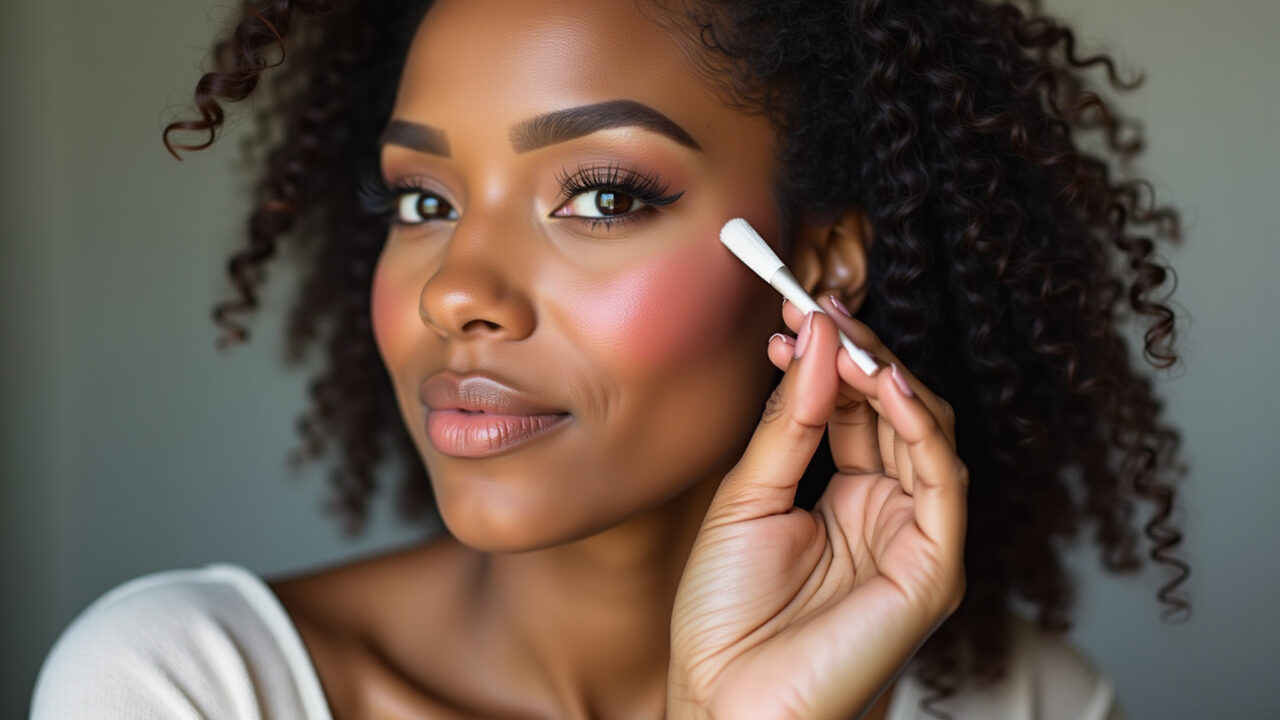 Professional photography, black bride applying blush, focus on peach tone, natural lighting, 8K Noiva negra aplicando blush pêssego para um toque de cor.