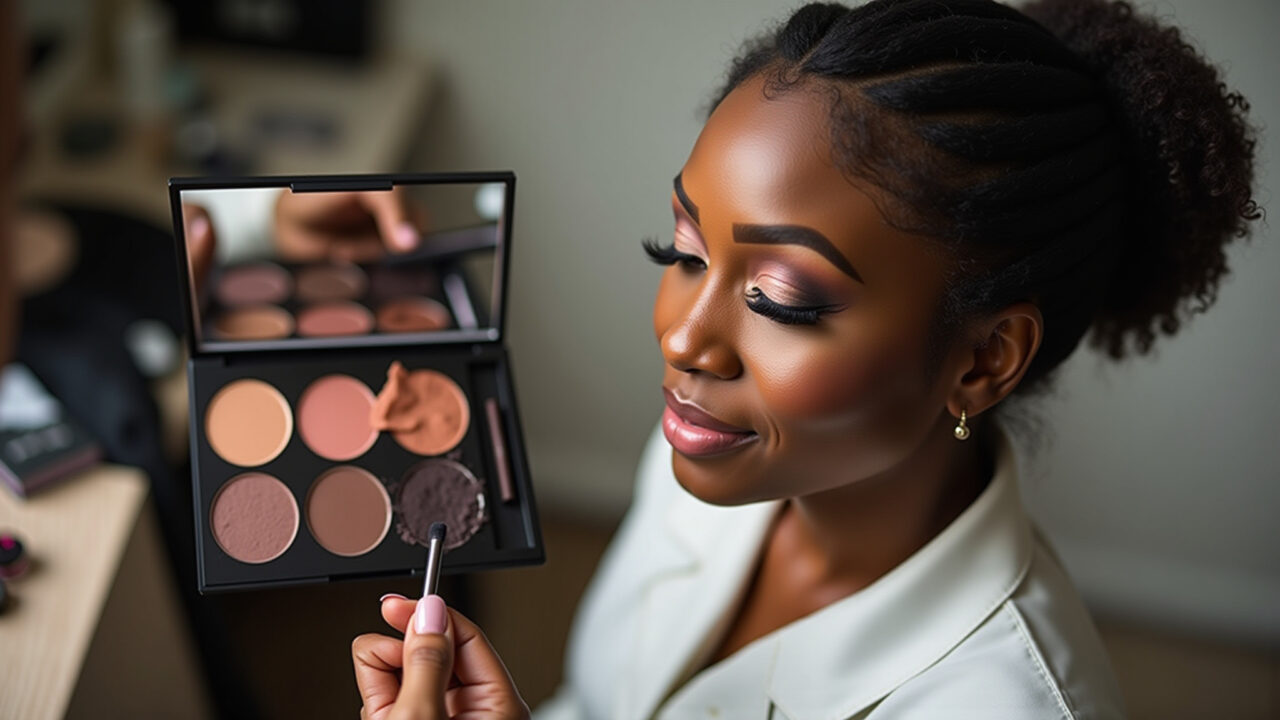 Professional photography, black bride applying eyeshadow, focus on vibrant colors, natural Noiva negra aplicando sombra com cores vibrantes.