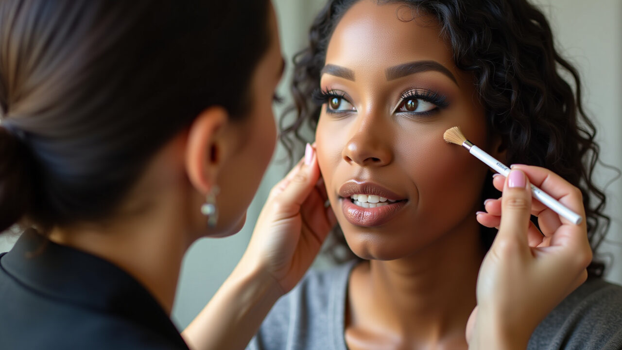 Professional photography, black bride applying foundation, focus on matching skin tone, natural Noiva negra aplicando base no tom perfeito.