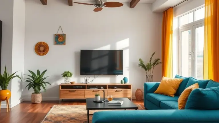 Caixa organizadora de cabos escondendo fios em sala de estar vibrante e organizada.