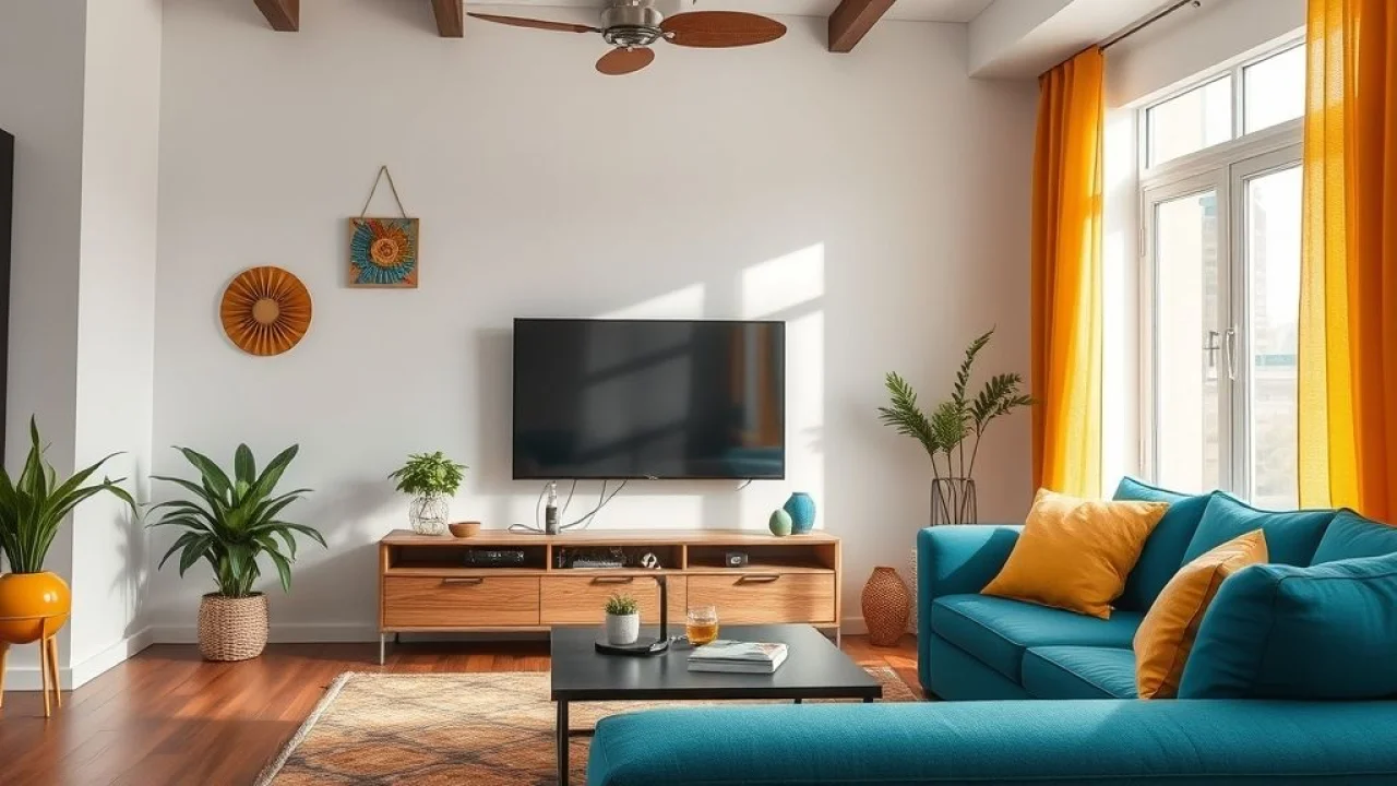 Caixa organizadora de cabos escondendo fios em sala de estar vibrante e organizada.