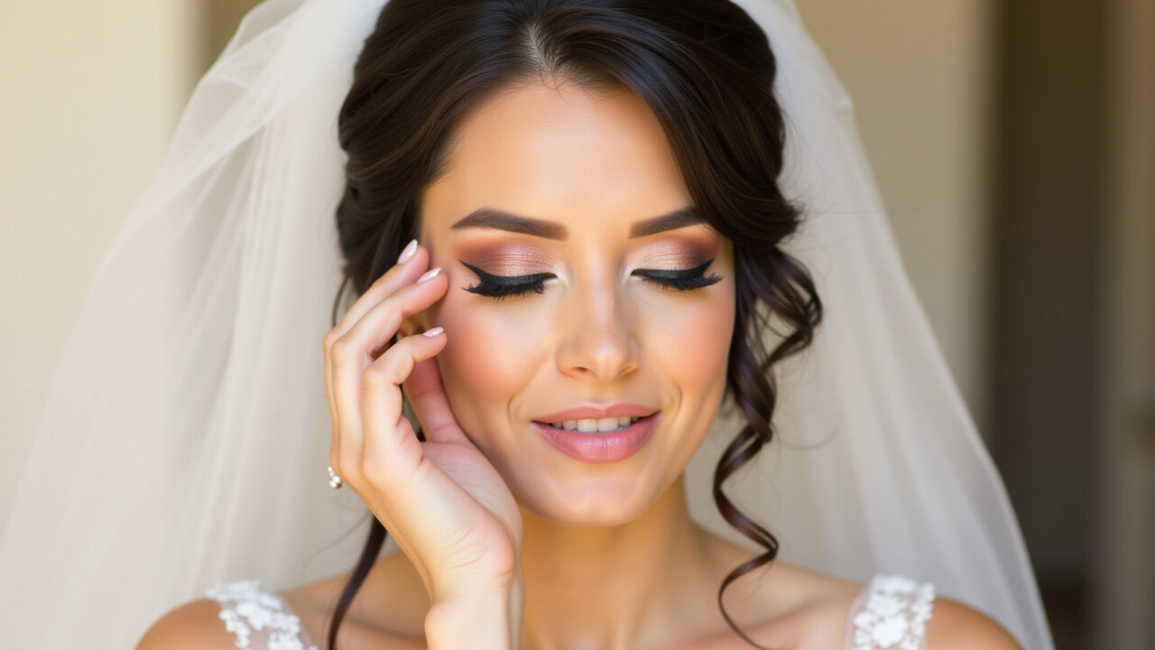 Professional photography, brunette bride applying blush, peachy tones, natural lighting, soft Noiva morena aplicando blush pêssego para um toque de saúde.