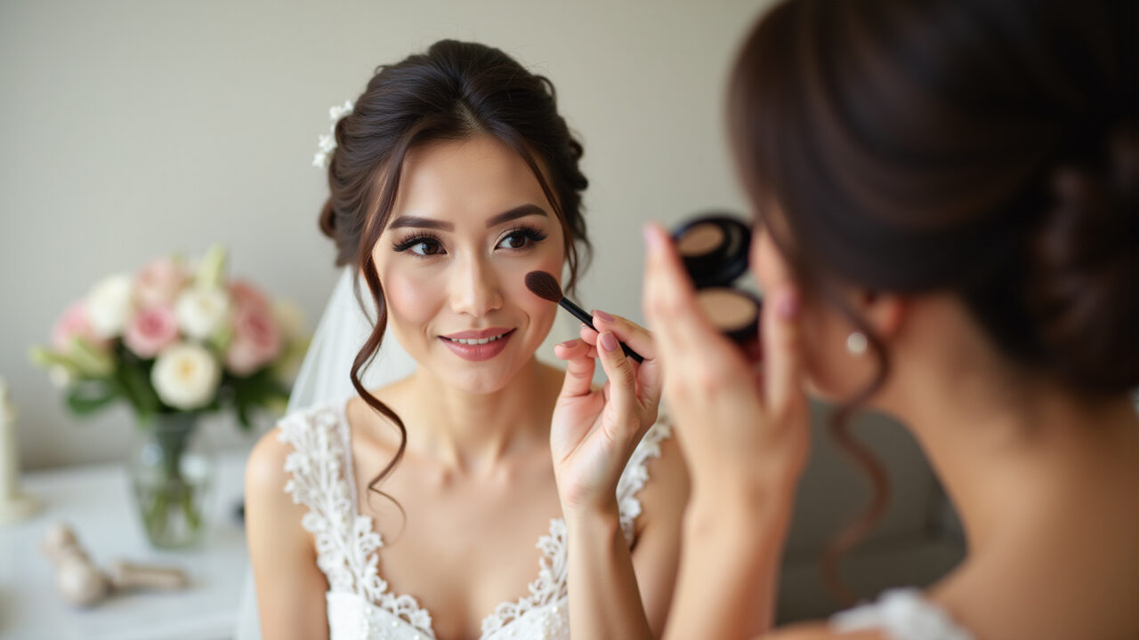 Professional photography, brunette bride applying concealer, illuminating face, natural lighting, Noiva morena aplicando corretivo para iluminar o rosto na maquiagem.